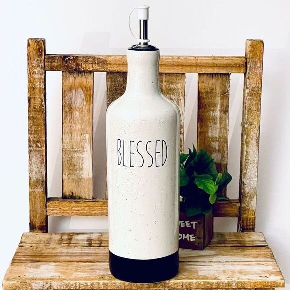 NWT Gorgeous Off White BLESSED oil or Vinegar Tall Big Off white Speckled Bottle - Picture 1 of 11